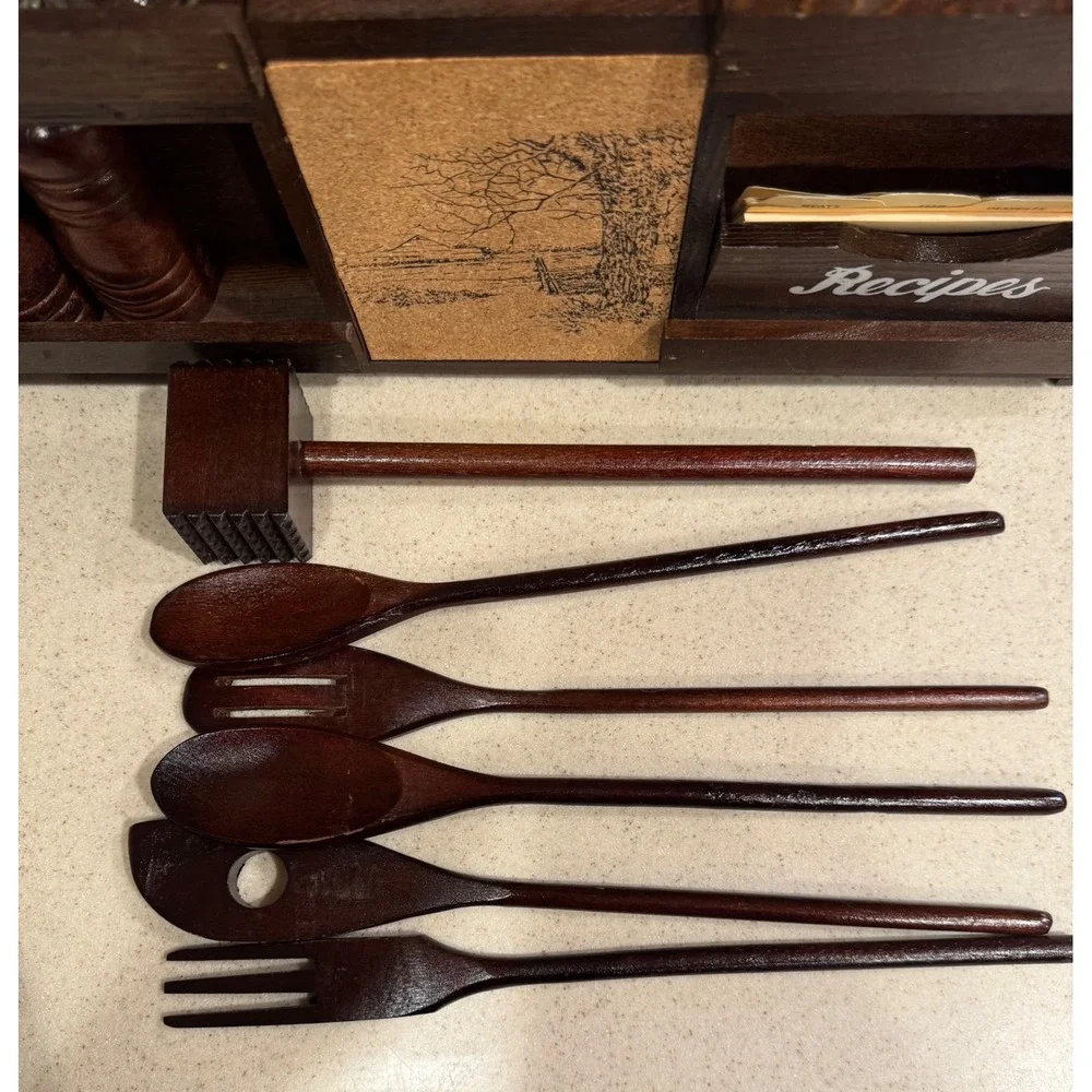 Vintage Wooden Spice Rack Spice Bottles, Salt Pepper Mill, Recipe Box, Utensils